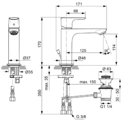 Ideal Standard Connect Air Grande Slim Waschtischarmatur Mit Ablaufgarnitur, Ausladung: 12,5 Cm