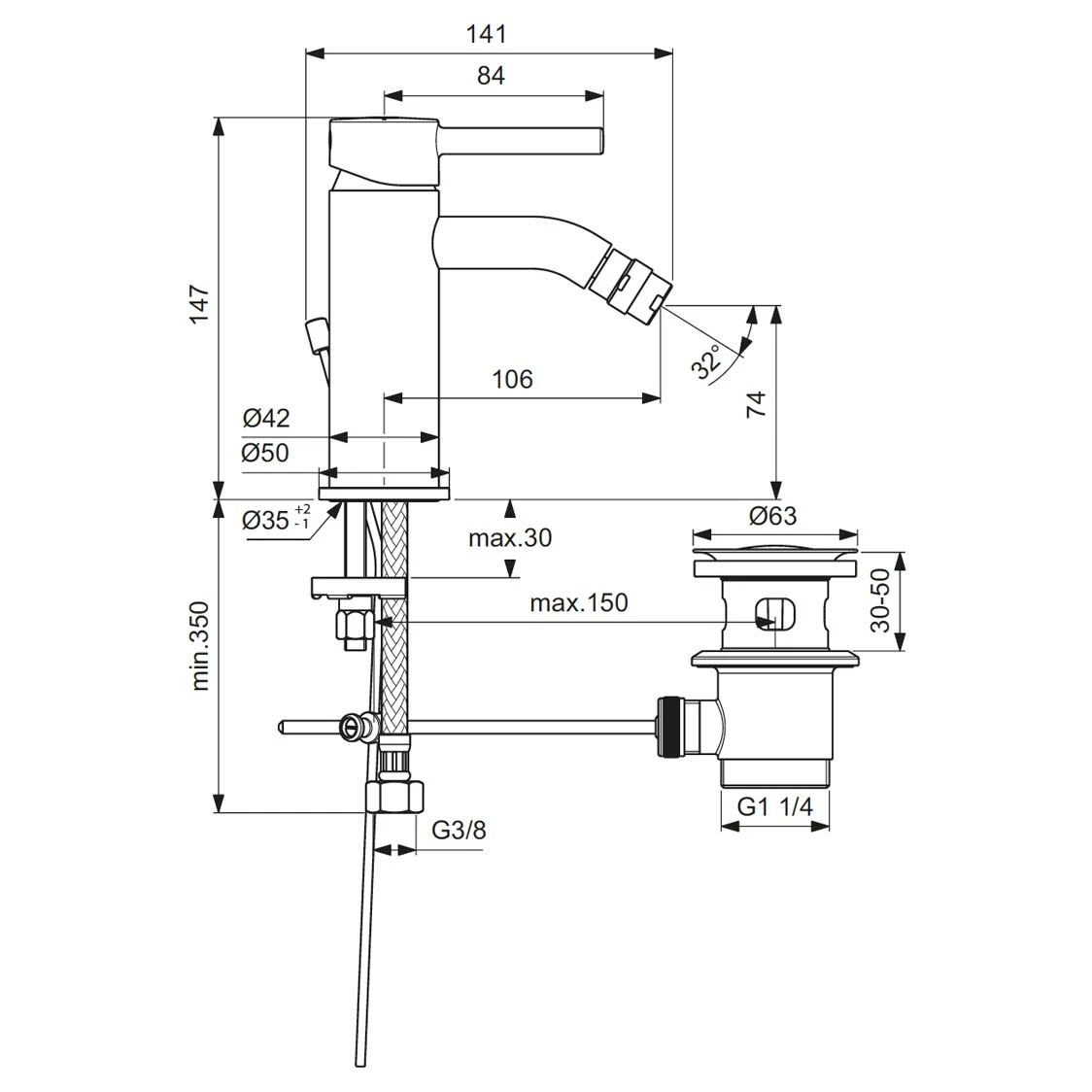 Ideal Standard CERALINE Bidetarmatur, Mit Ablaufgarnitur