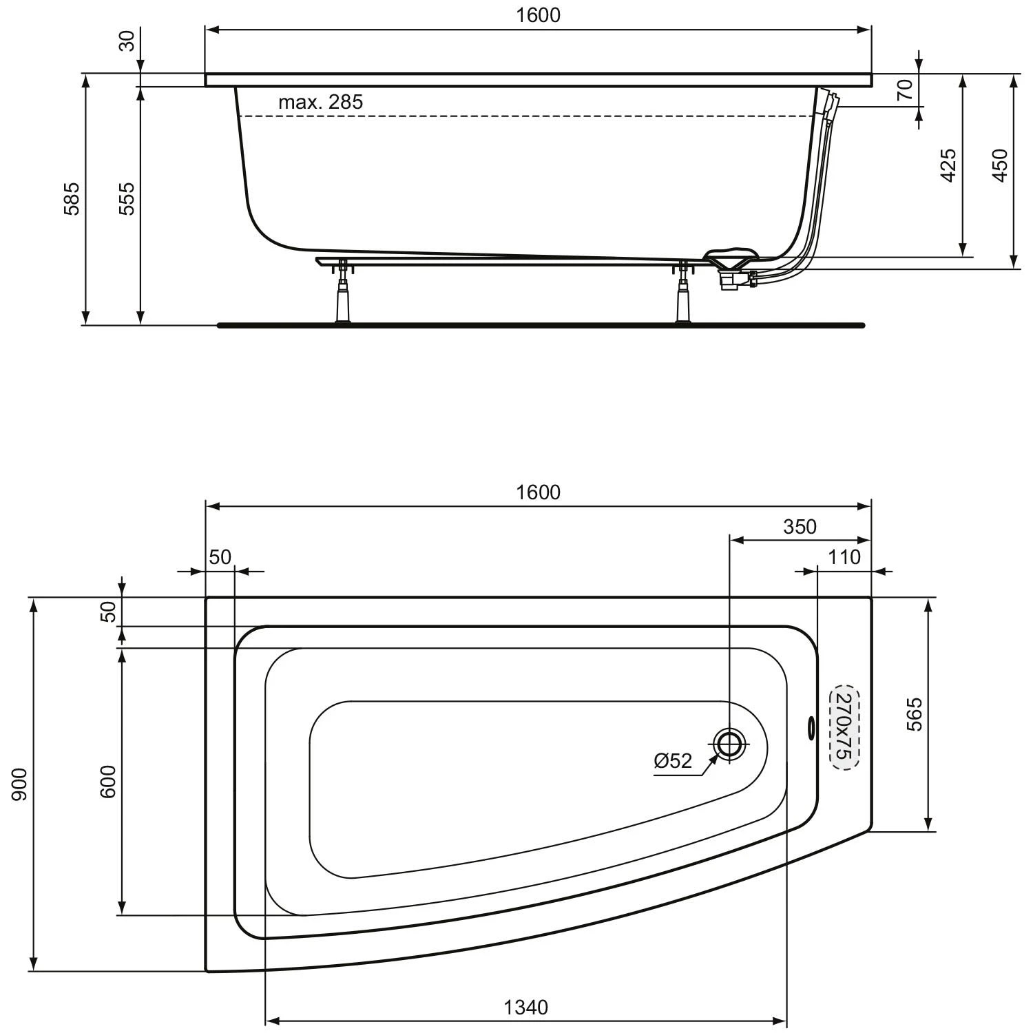 Ideal Standard i.life Raumspar-Badewanne 160 x 90 cm, links Ideal Standard I.life Raumspar-Badewanne 160 X 90 Cm, Links -Ideal Standard ideal standard badewannen life raumspar 160 11024263