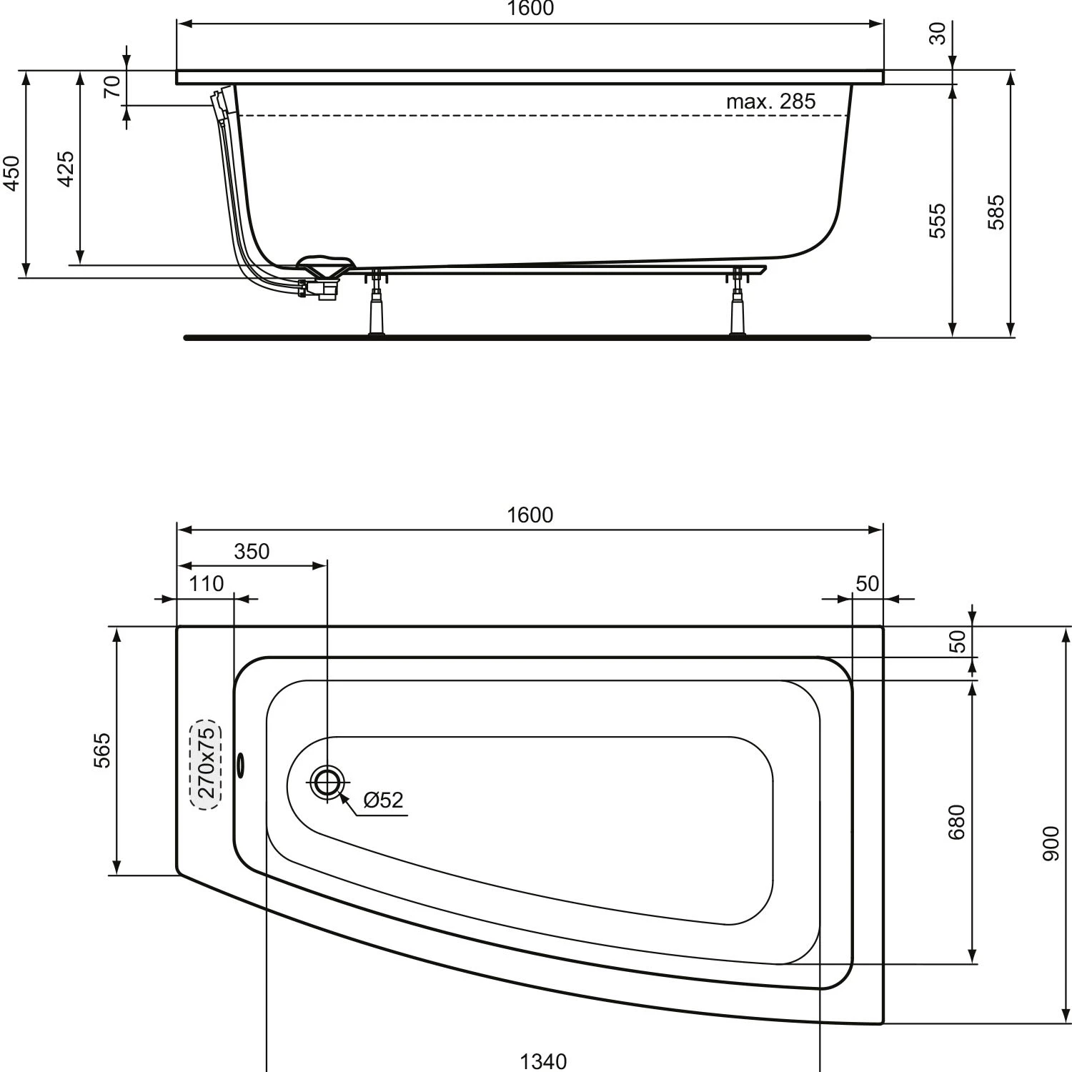 Ideal Standard i.life Raumspar-Badewanne 160 x 90 cm, rechts Ideal Standard I.life Raumspar-Badewanne 160 X 90 Cm, Rechts -Ideal Standard ideal standard badewannen life raumspar 160 11024266